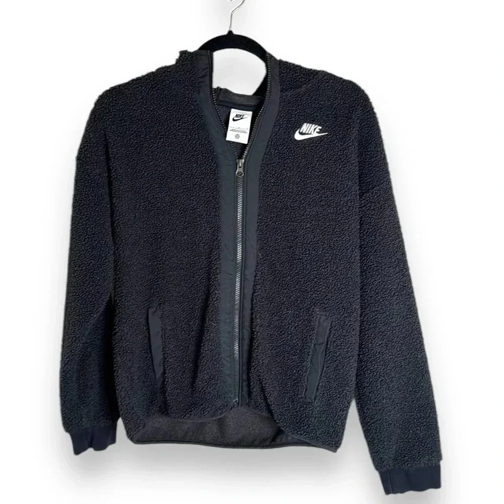 Youth Nike Black Faux Sherpa Zip Up Hooded Jacket Size Large Outdoor Athleisure